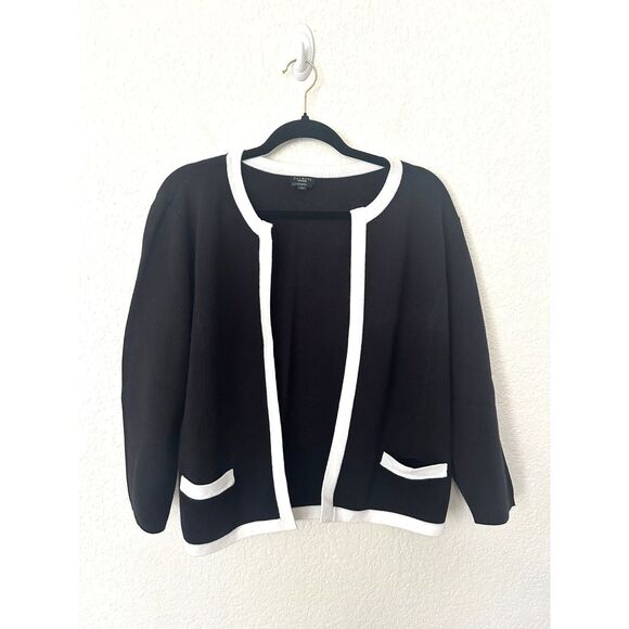 Talbots Pima Cotton Black White Open Front Cardigan Front Pockets Size Large - Picture 1 of 8